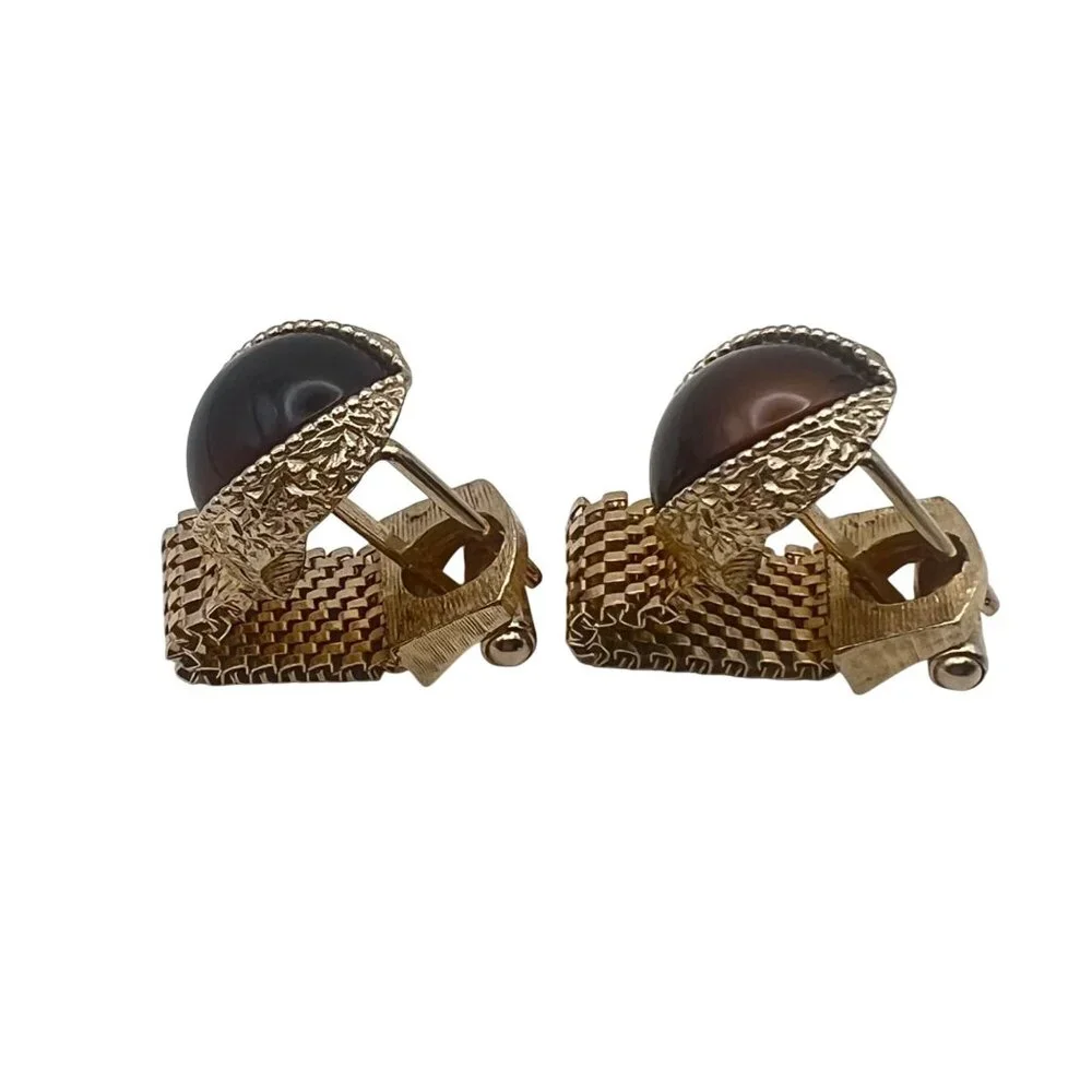 Vintage Swank Cufflinks Gold-Tone Mesh Wraparound Brown Cats Eye Stone MCM
